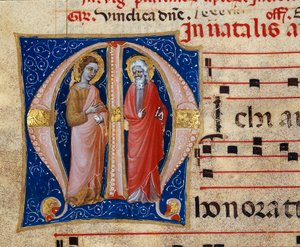Miniatured Page of a Choral Parchment Featuring Two Saints (detail) by Unknown